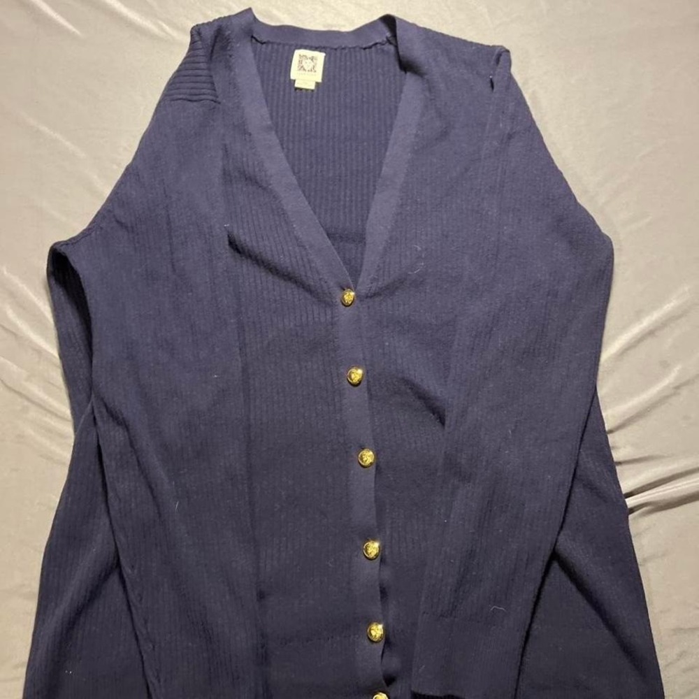 Anne Klein‎ Womens 2X Navy Blue Ribbed Knit V-Neck Cardigan Gold Crest Buttons